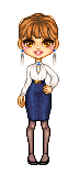 pixel art of a professional-looking young lady, light skin, brown hair with bangs pulled into a bun, drapey blouse with keyhole cutout, silky navy pencil skirt, sheer black tights, black ankle strap pumps, dangly earrings, belt with gold buckle, I believe this look was inspired by a contemporaneous YSL collection